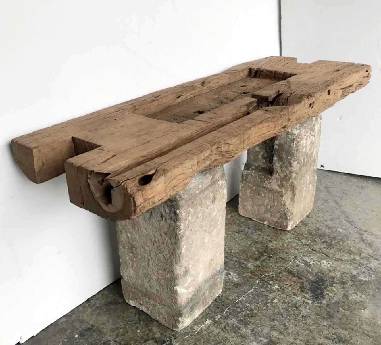 Rustic Antique Japanese Elm Wood Console on Stone Bases