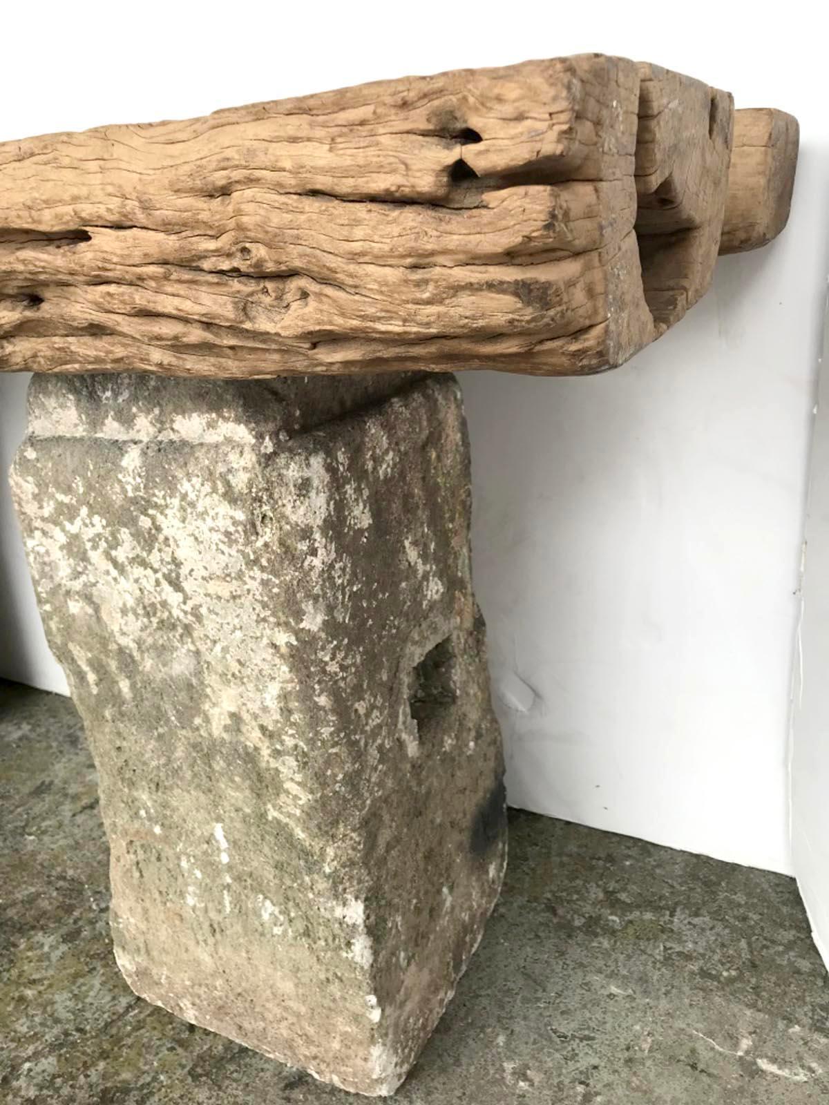Antique Japanese Elm Wood Console on Stone Bases 1