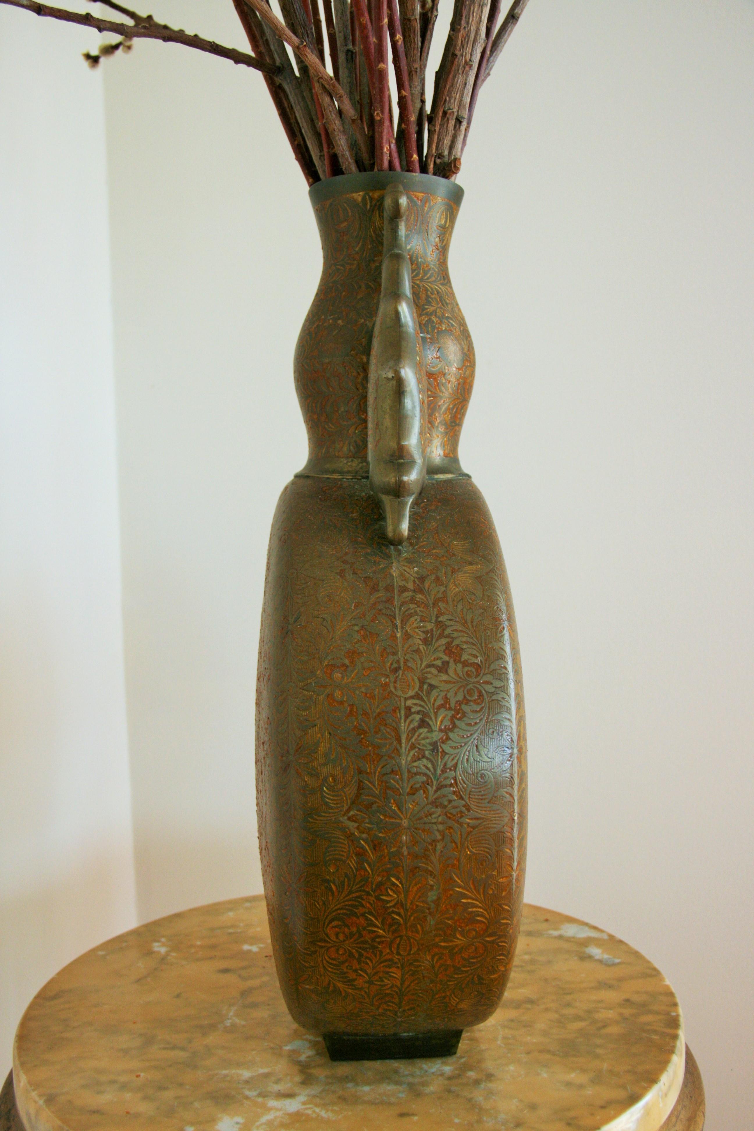 Mid-20th Century Antique Japanese Embossed  Urn with Elephant Handles For Sale
