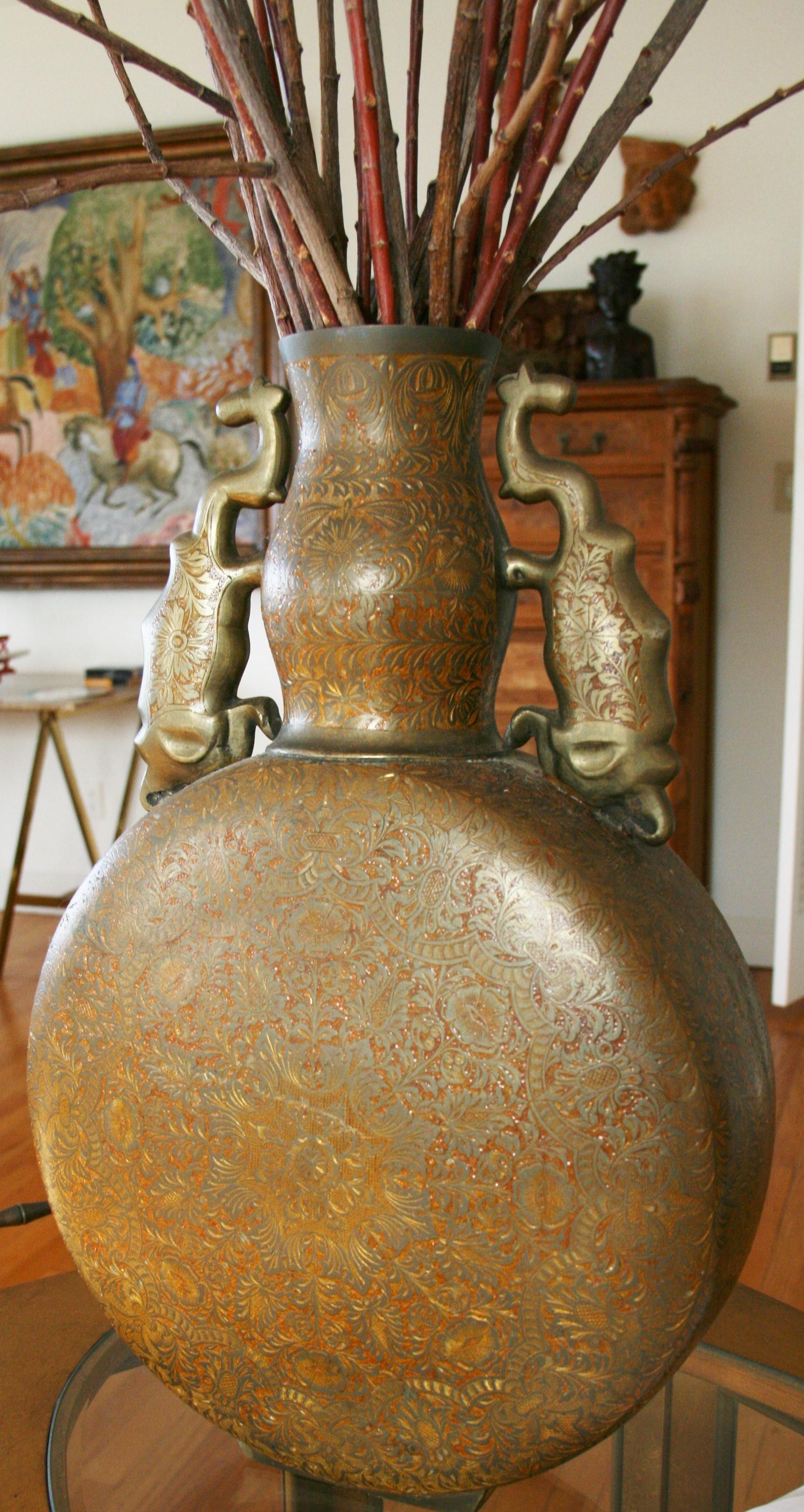 Bronze Antique Japanese Embossed  Urn with Elephant Handles For Sale