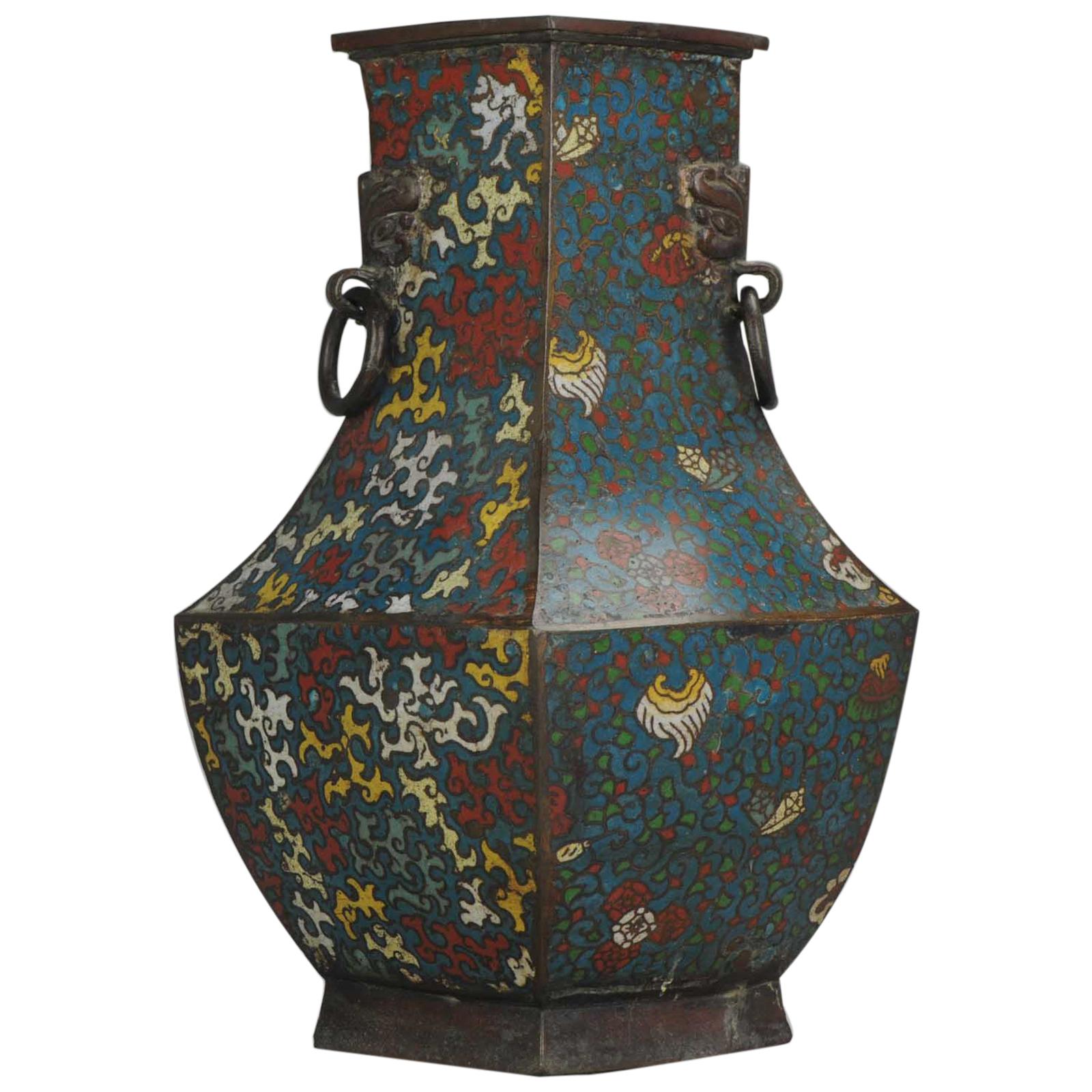 Antique Japanese Enamel Bronze Vase Archaic Vessel Japan, Edo or Meiji Period For Sale