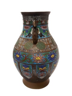 Antique Japanese Enamel-Over-Bronze Champleve Vase w/Peacock Handles