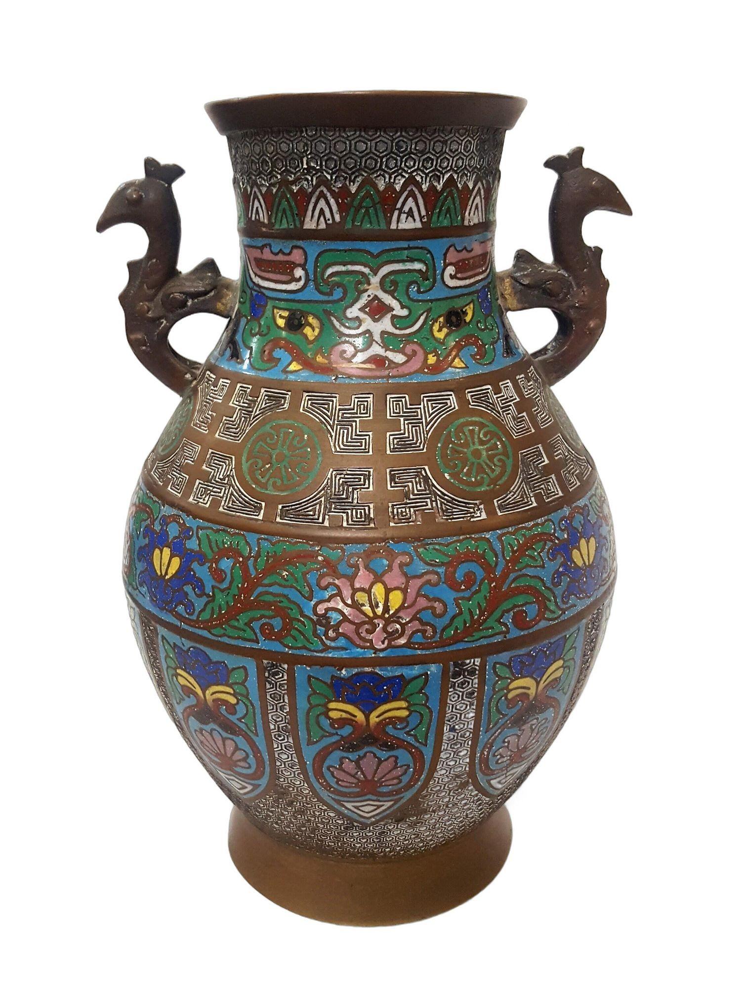 Antique Japanese Enamel-Over-Bronze Champleve Vase w/Peacock Handles In Excellent Condition In Van Nuys, CA
