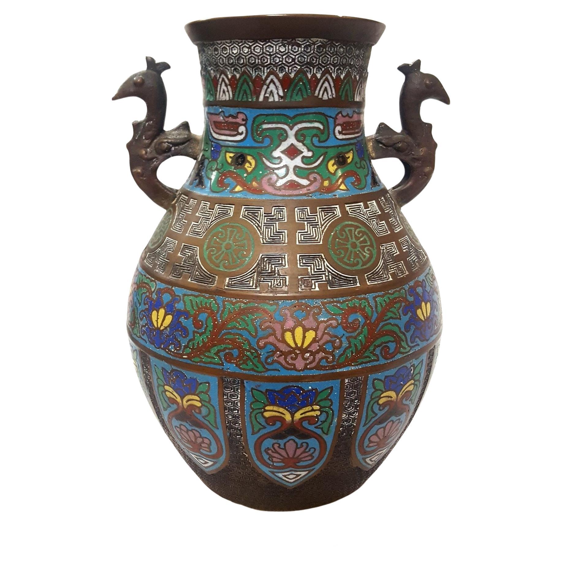 Antique Japanese Enamel-Over-Bronze Champleve Vase w/Peacock Handles For  Sale at 1stDibs