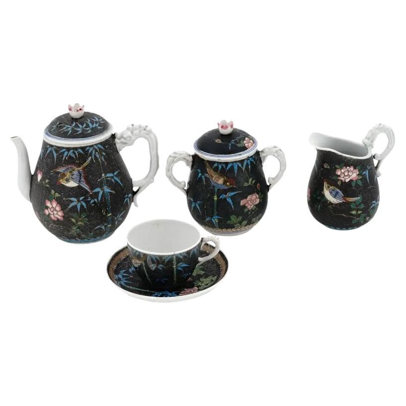 Rare Antique Japanese Cloisonne Enamel Porcelain Tea Set Totai Signed For Sale
