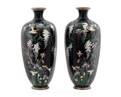 A High Quality Pair of Meiji Antique Japanese Cloisonne Enamel Wisteria and Bird