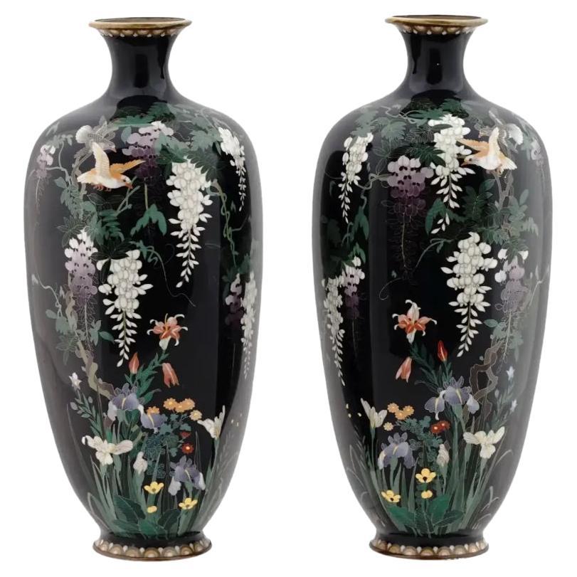 A High Quality Pair of Meiji Antique Japanese Cloisonne Enamel Wisteria and Bird For Sale