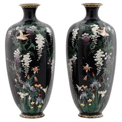 A High Quality Pair of Meiji Antique Japanese Cloisonne Enamel Wisteria and Bird