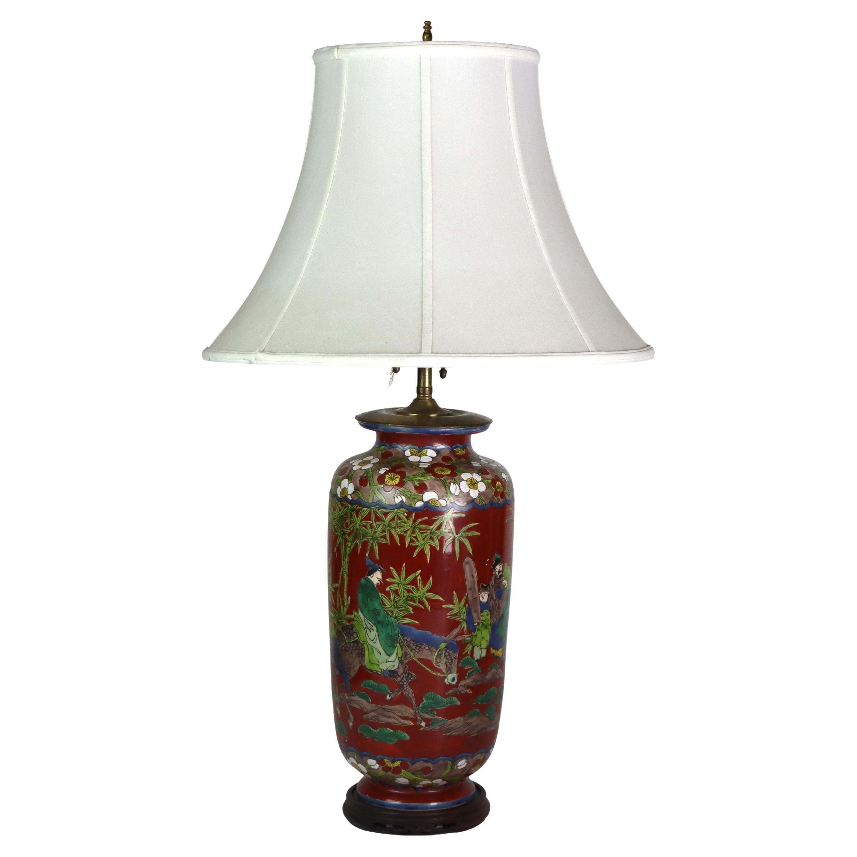 Antique Japanese Enameled Porcelain Lamp with Figures c1920 For Sale