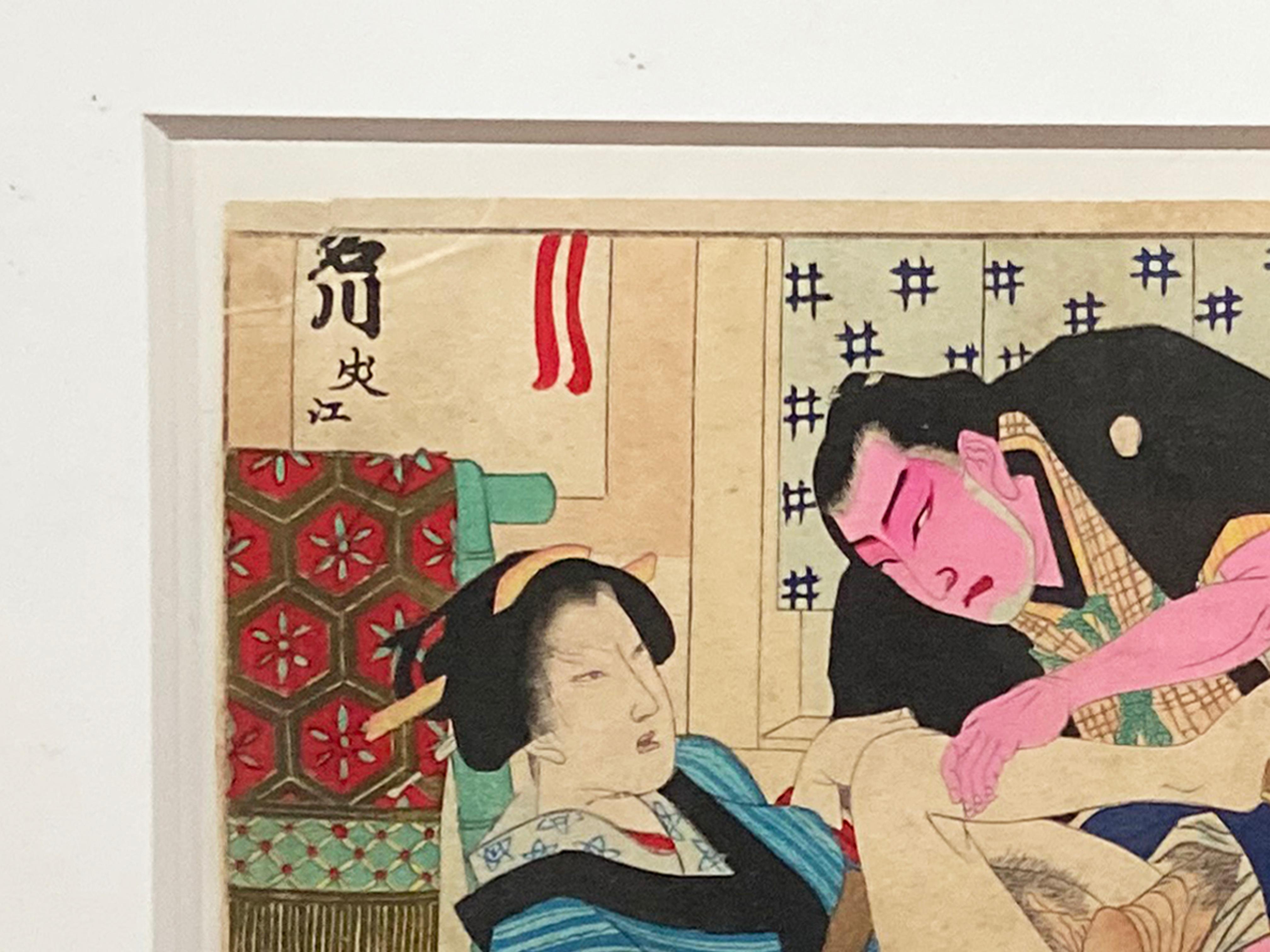 19th Century Antique Japanese Erotic Shunga Woodblock Print of a Couple in Gilt Frame For Sale