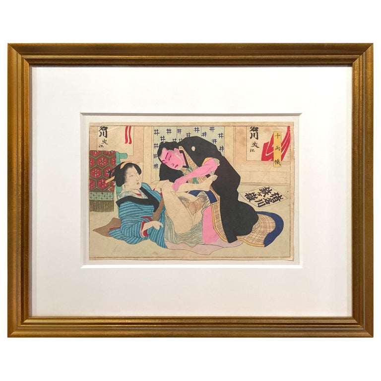 Antique Japanese Erotic Shunga Woodblock Print of a Couple in Gilt Frame For Sale
