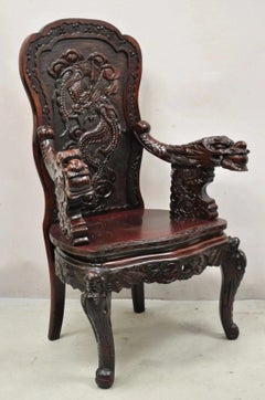 Antique Japanese Export Carved Hardwood Foo Dog Figural Throne Desk Arm Chair