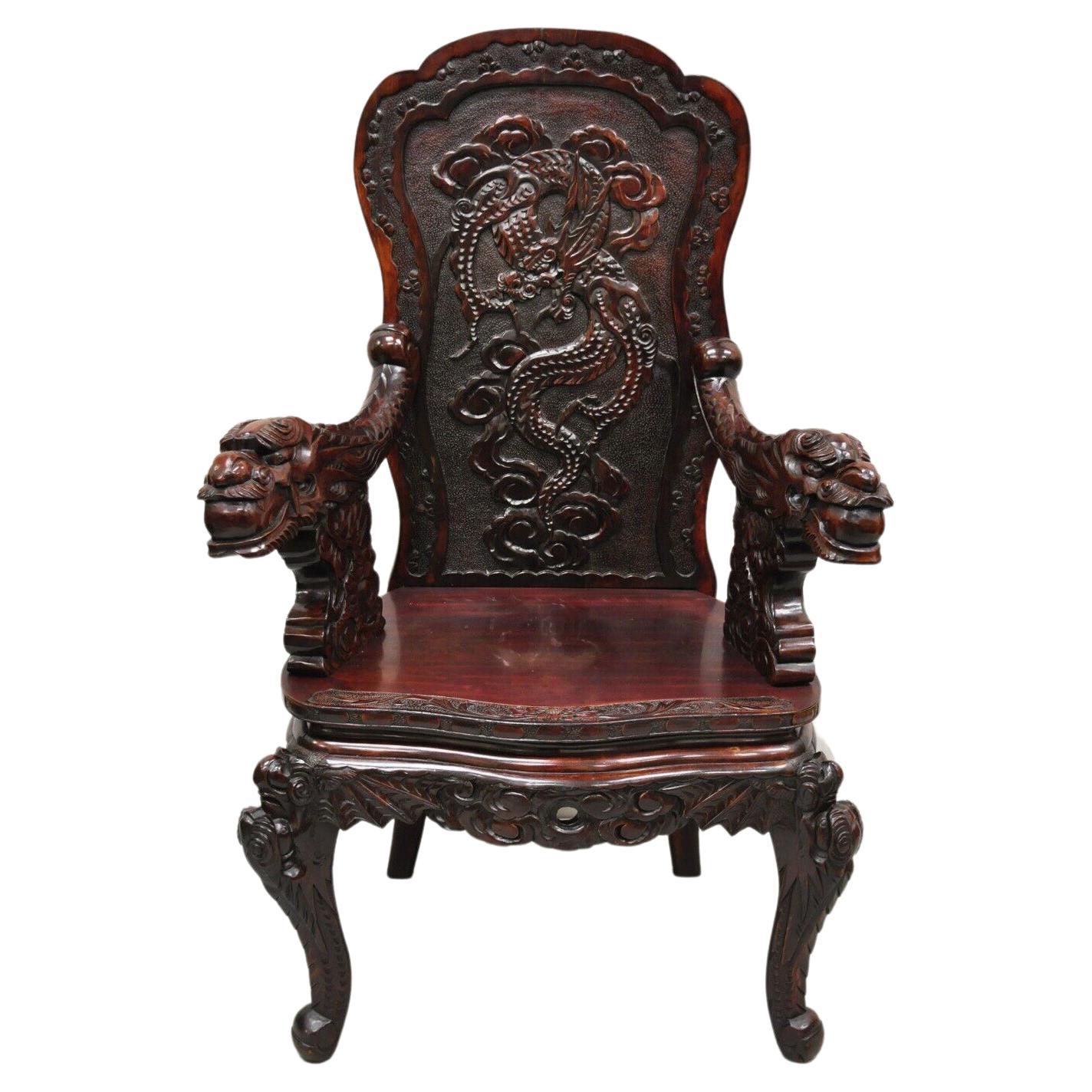 Antique Japanese Export Carved Hardwood Foo Dog Throne armchair For Sale