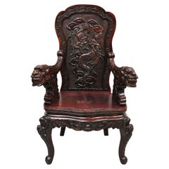 Antique Japanese Export Carved Hardwood Foo Dog Throne armchair