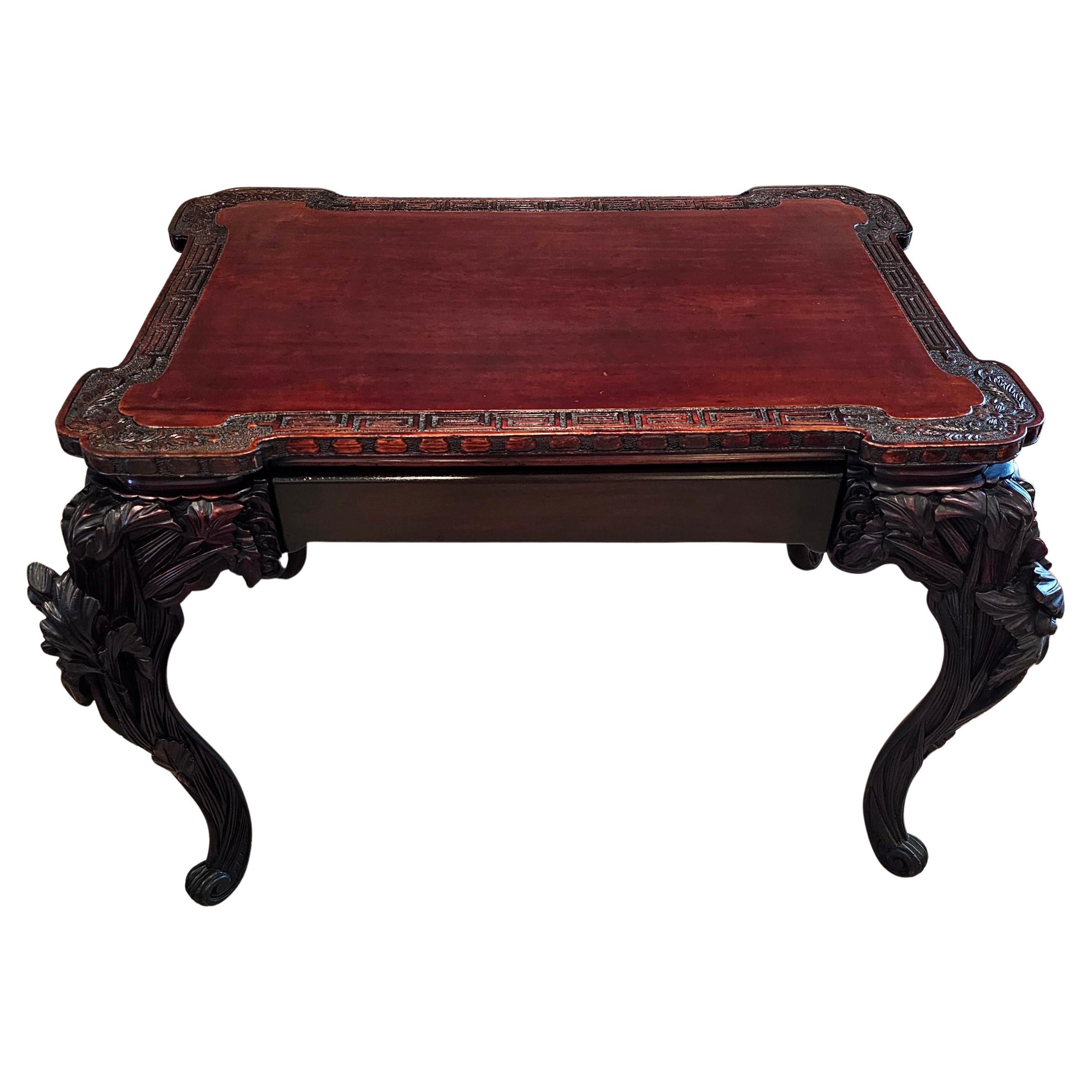 Antique Japanese Export Meiji Era Highly Carved Hongmu Library Table Desk