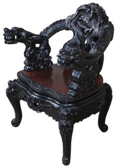 Antique Japanese Export Meiji High Relief Dragon Carved Figural Throne Arm Chair