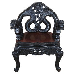 Antique Japanese Export Meiji High Relief Dragon Carved Figural Throne Arm Chair