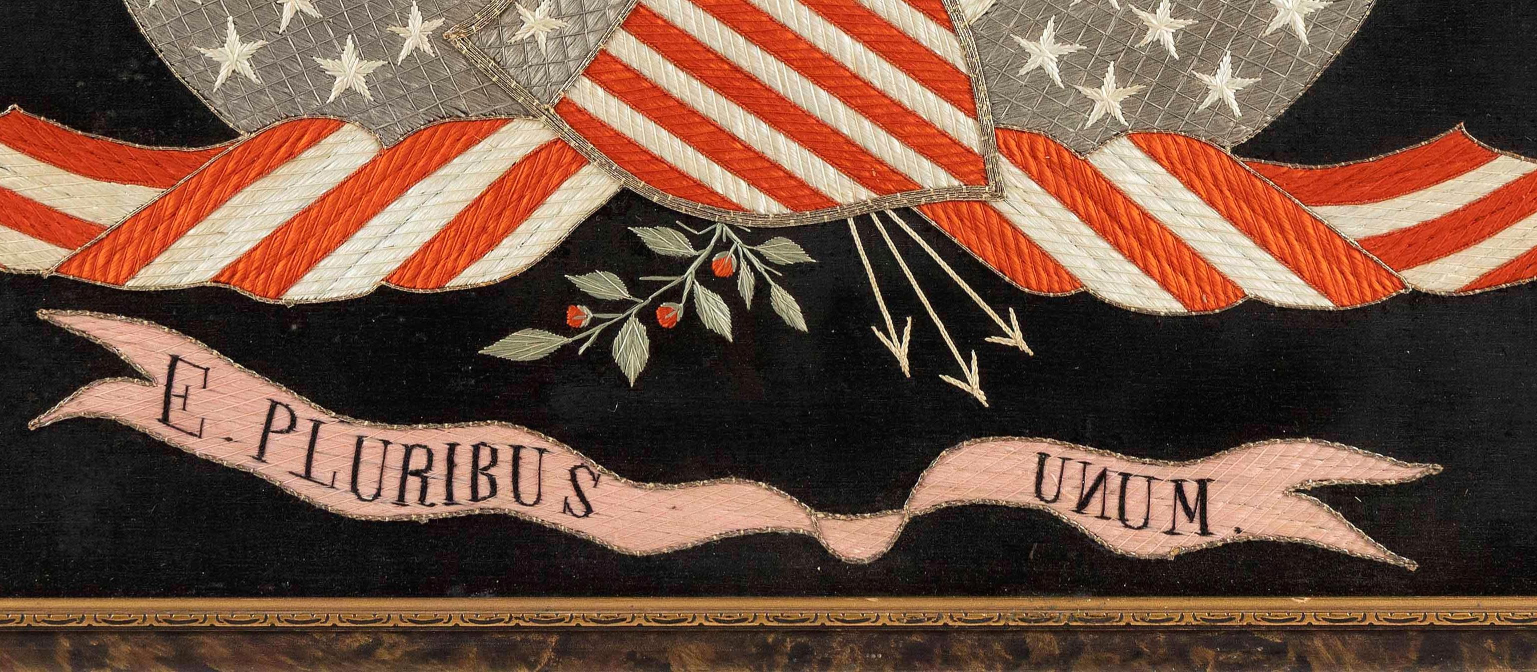 Antike antike japanische Export-Seidenstickerei Americana Patriotic Panel (Japonismus) im Angebot