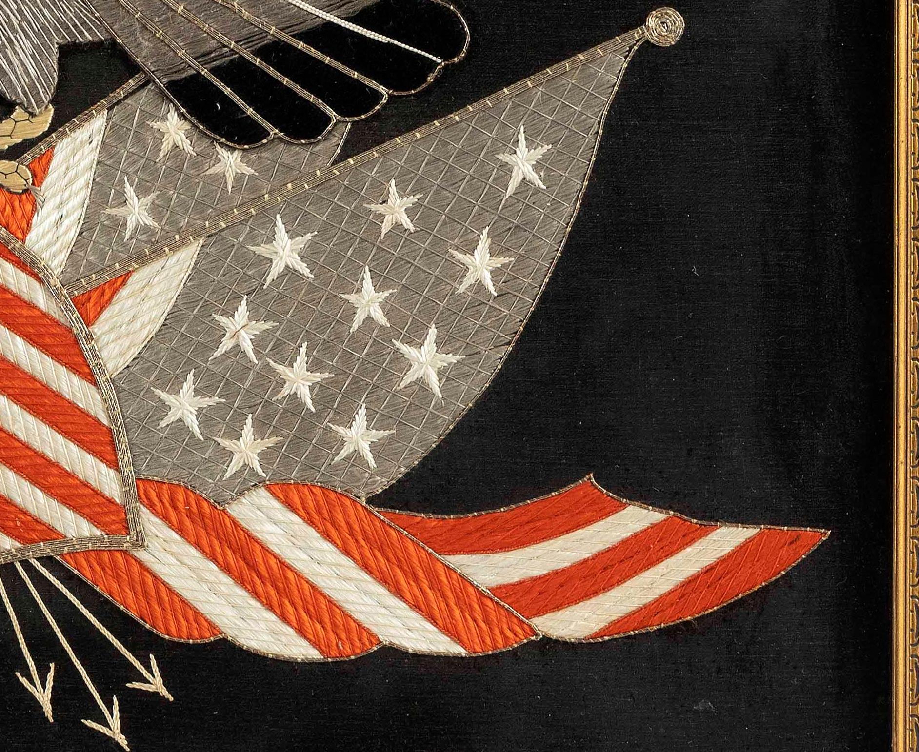 Japonais Panneau patriotique américain ancien en broderie de soie d'exportation japonaise en vente
