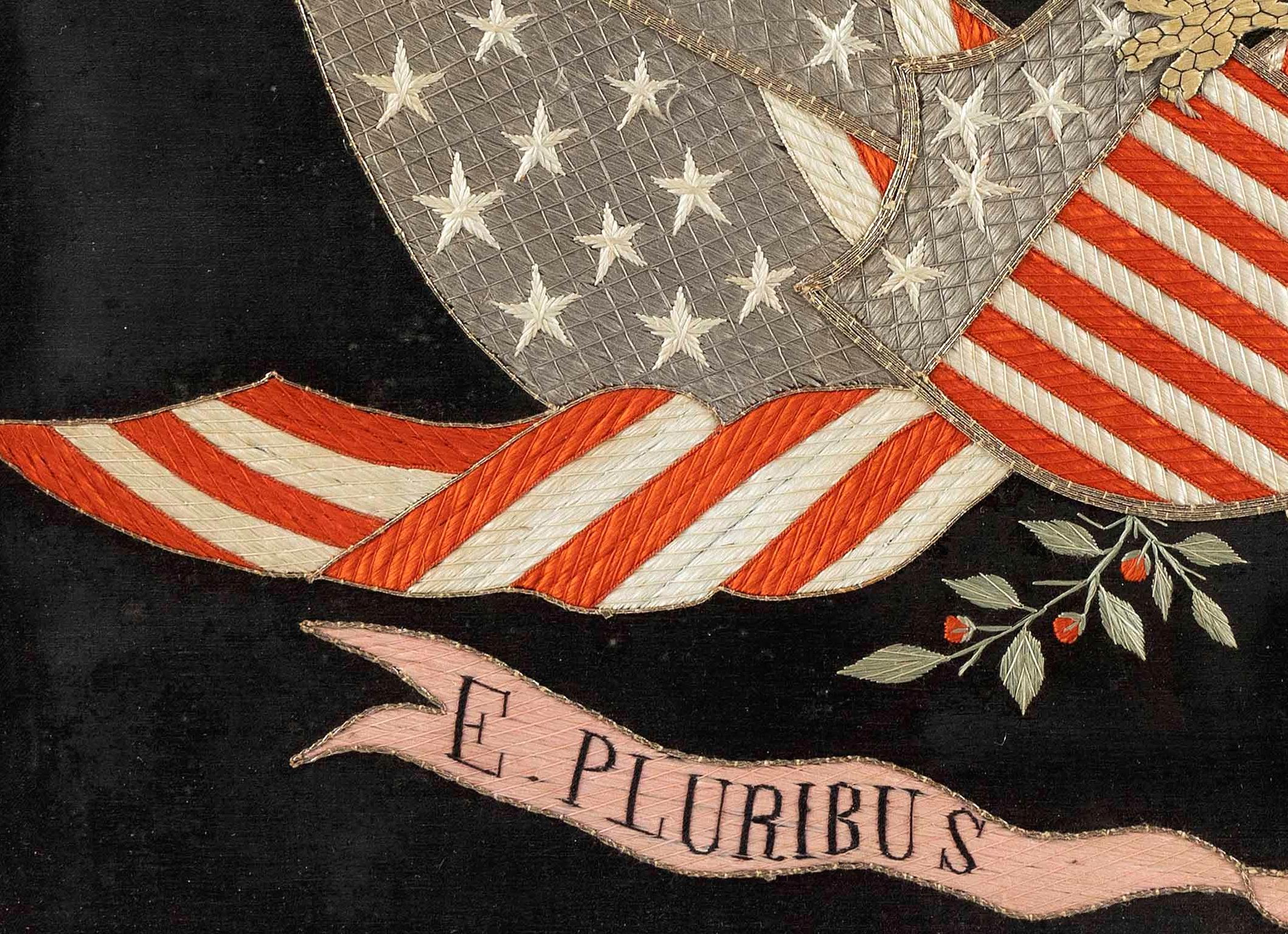 Brodé Panneau patriotique américain ancien en broderie de soie d'exportation japonaise en vente