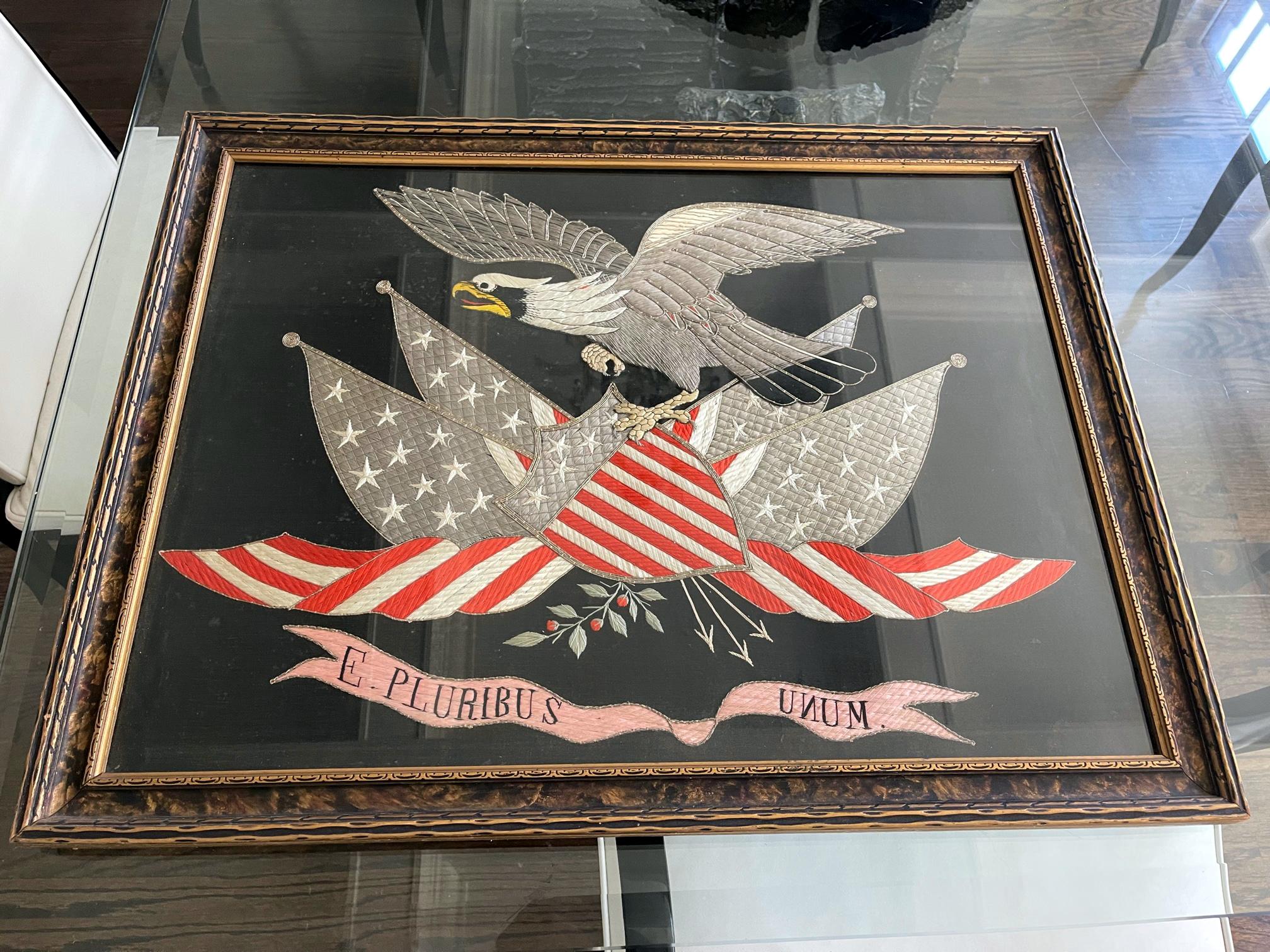 XIXe siècle Panneau patriotique américain ancien en broderie de soie d'exportation japonaise en vente