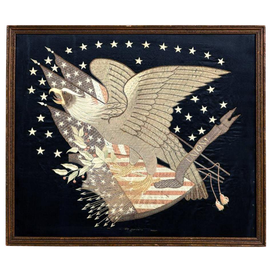 Antique Japanese Export Silk Embroidery Panel of American Union For Sale