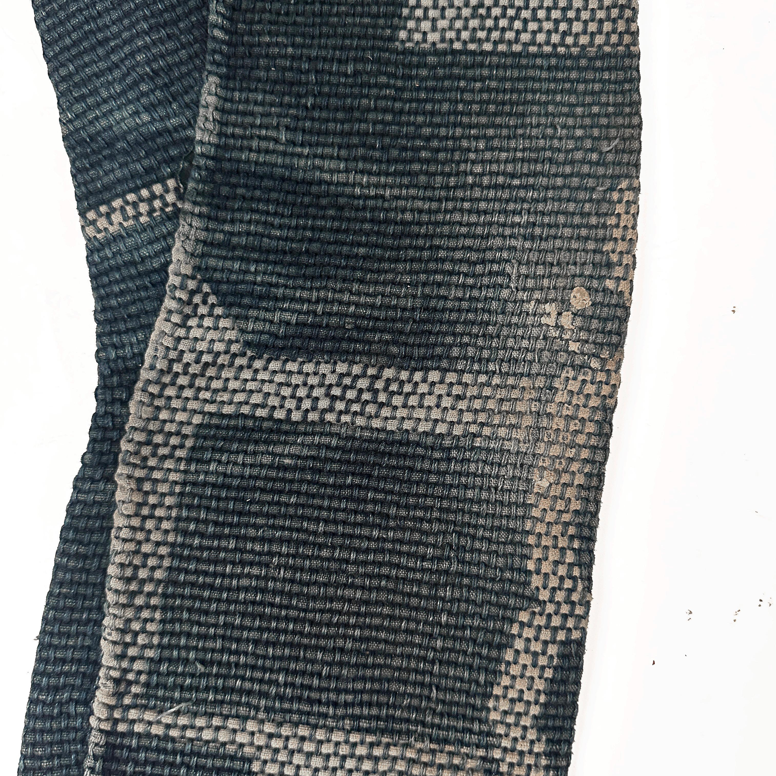 Japanese farmer’s indigo cotton pants.  Woven and dyed cotton, worn by farmers working in the field.  Narrow legs and ties around the waist.  As shown, the pants have been well used and well cared for.  Most likely made and woven by the person who