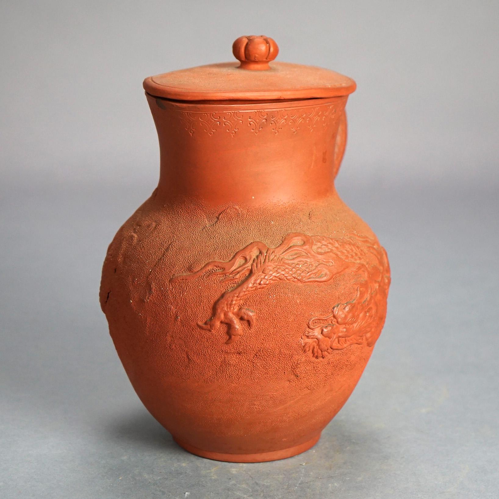 Asian Antique Japanese Figural Carved in Relief Dragon Terra Cotta Pitcher & Lid C1930 For Sale