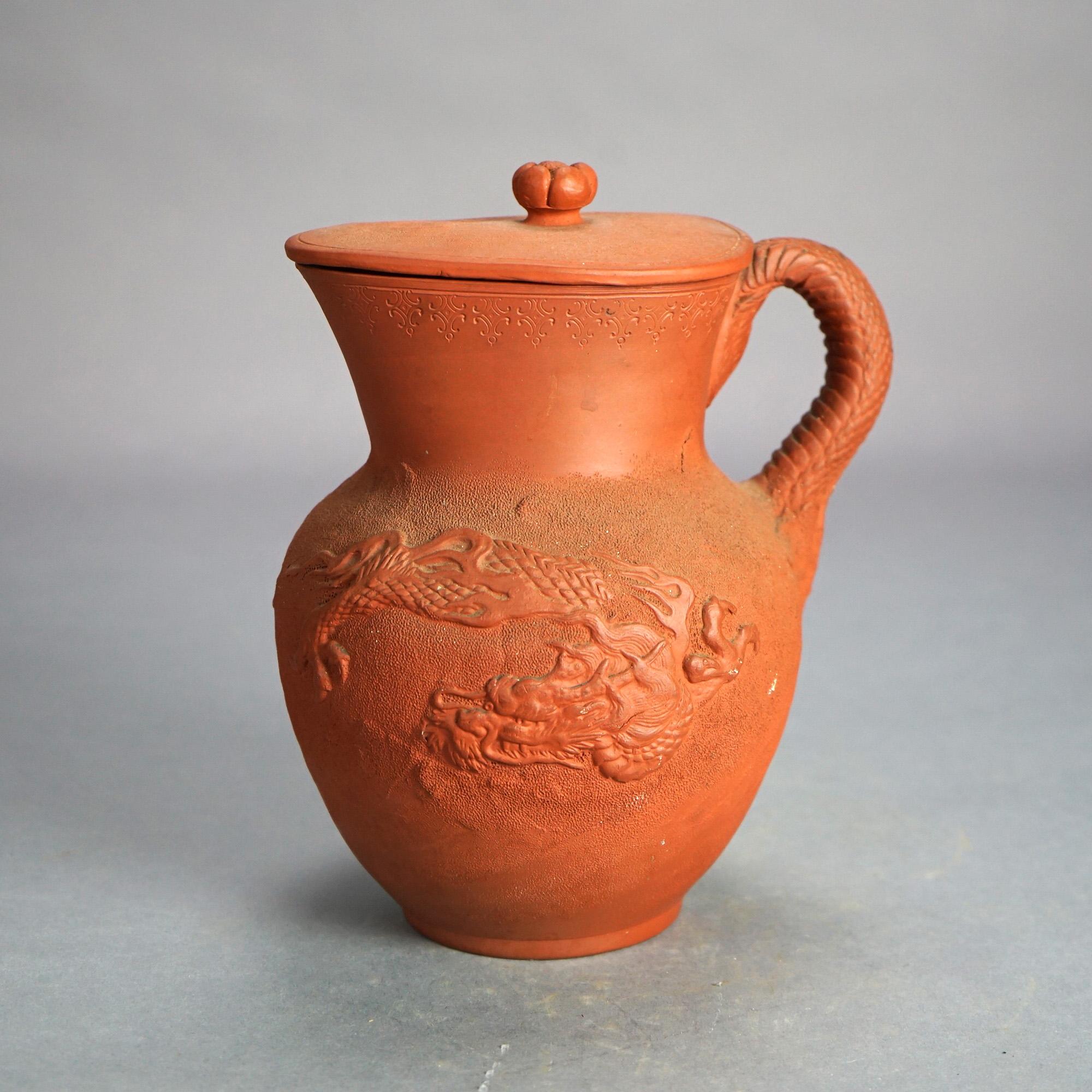 Molded Antique Japanese Figural Carved in Relief Dragon Terra Cotta Pitcher & Lid C1930 For Sale