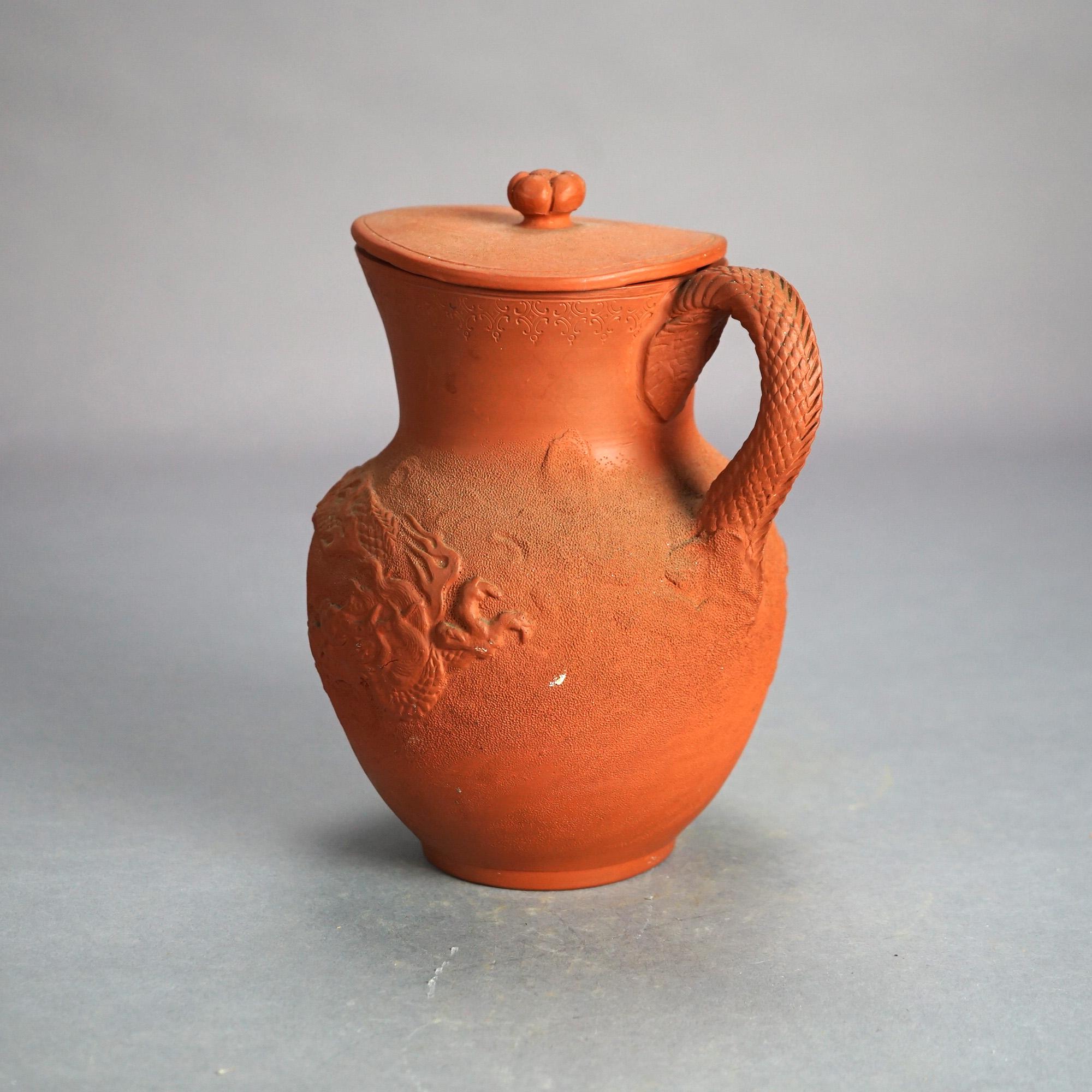Antique Japanese Figural Carved in Relief Dragon Terra Cotta Pitcher & Lid C1930 In Good Condition For Sale In Big Flats, NY