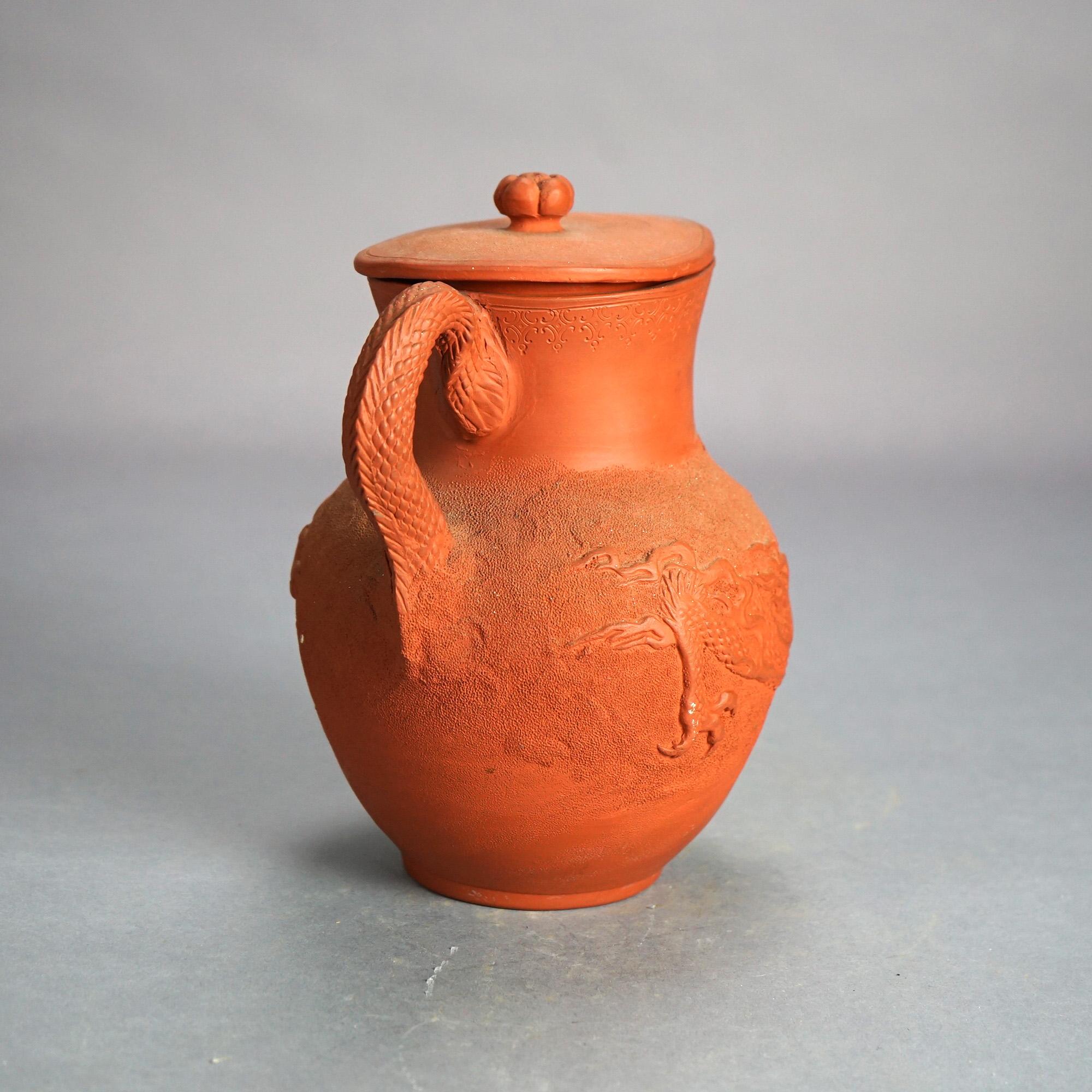20th Century Antique Japanese Figural Carved in Relief Dragon Terra Cotta Pitcher & Lid C1930 For Sale