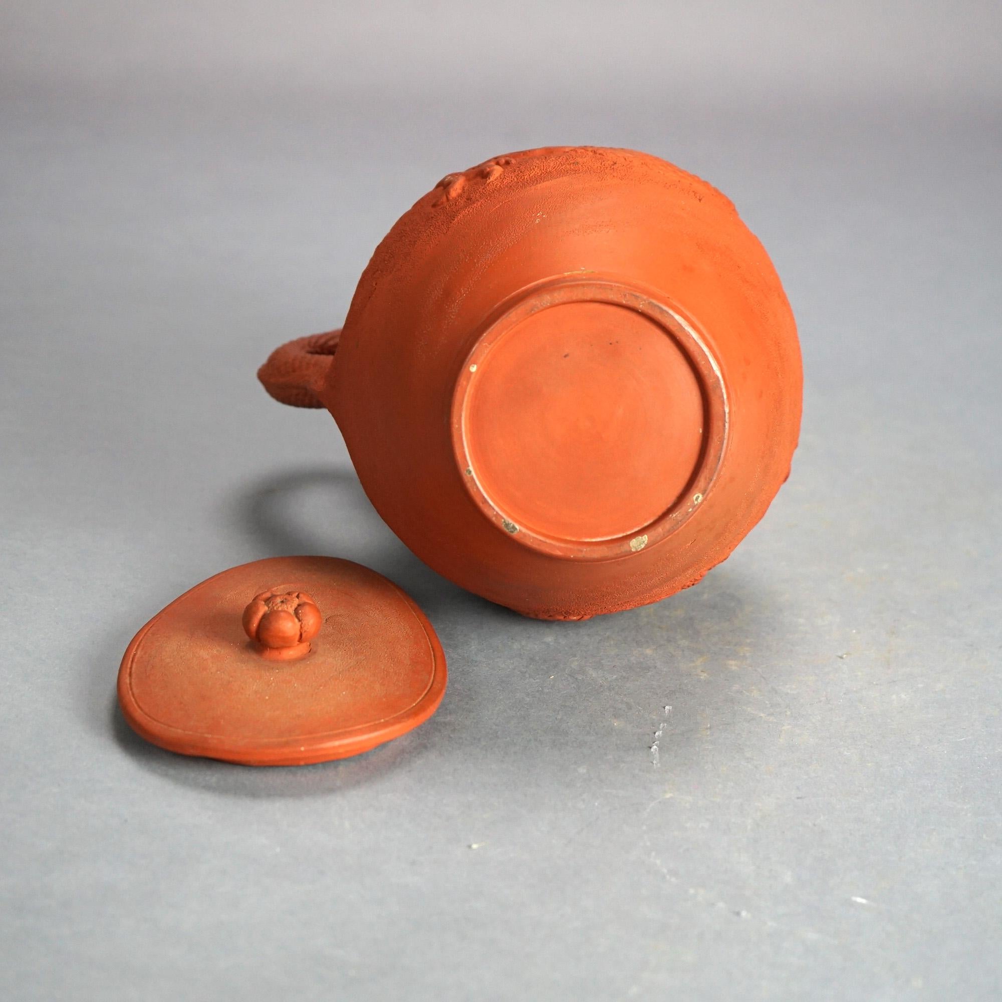 Terracotta Antique Japanese Figural Carved in Relief Dragon Terra Cotta Pitcher & Lid C1930 For Sale