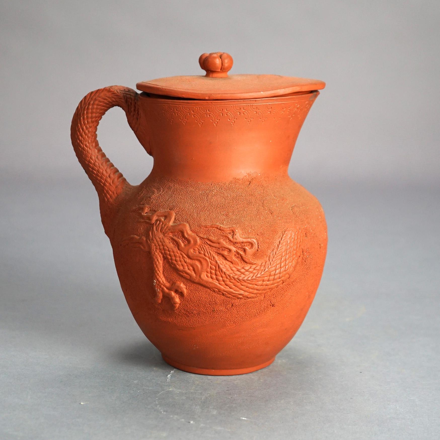 Antique Japanese Figural Carved in Relief Dragon Terra Cotta Pitcher & Lid C1930 For Sale 1