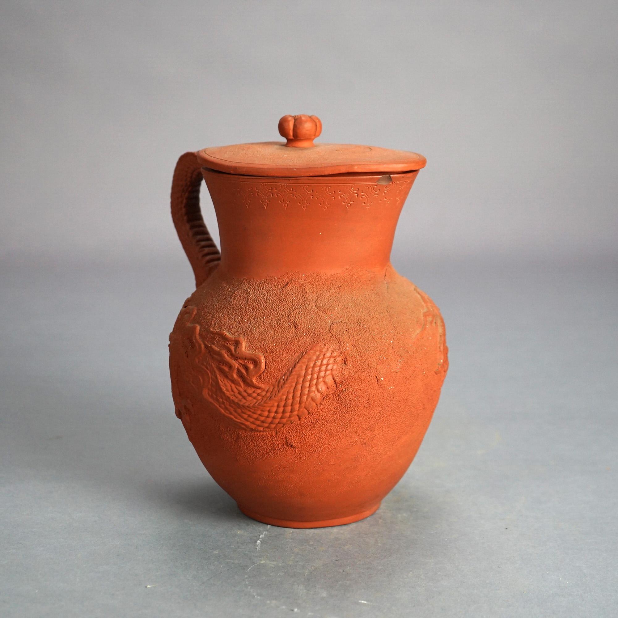 Antique Japanese Figural Carved in Relief Dragon Terra Cotta Pitcher & Lid C1930 For Sale 2