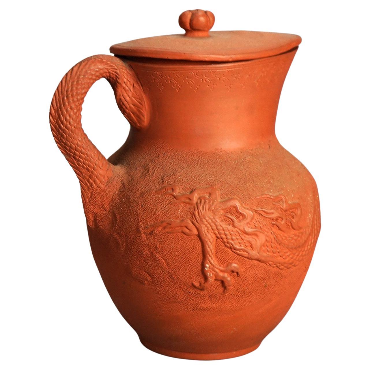 Antique Japanese Figural Carved in Relief Dragon Terra Cotta Pitcher & Lid C1930 For Sale
