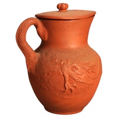 Antique Japanese Figural Carved in Relief Dragon Terra Cotta Pitcher & Lid C1930