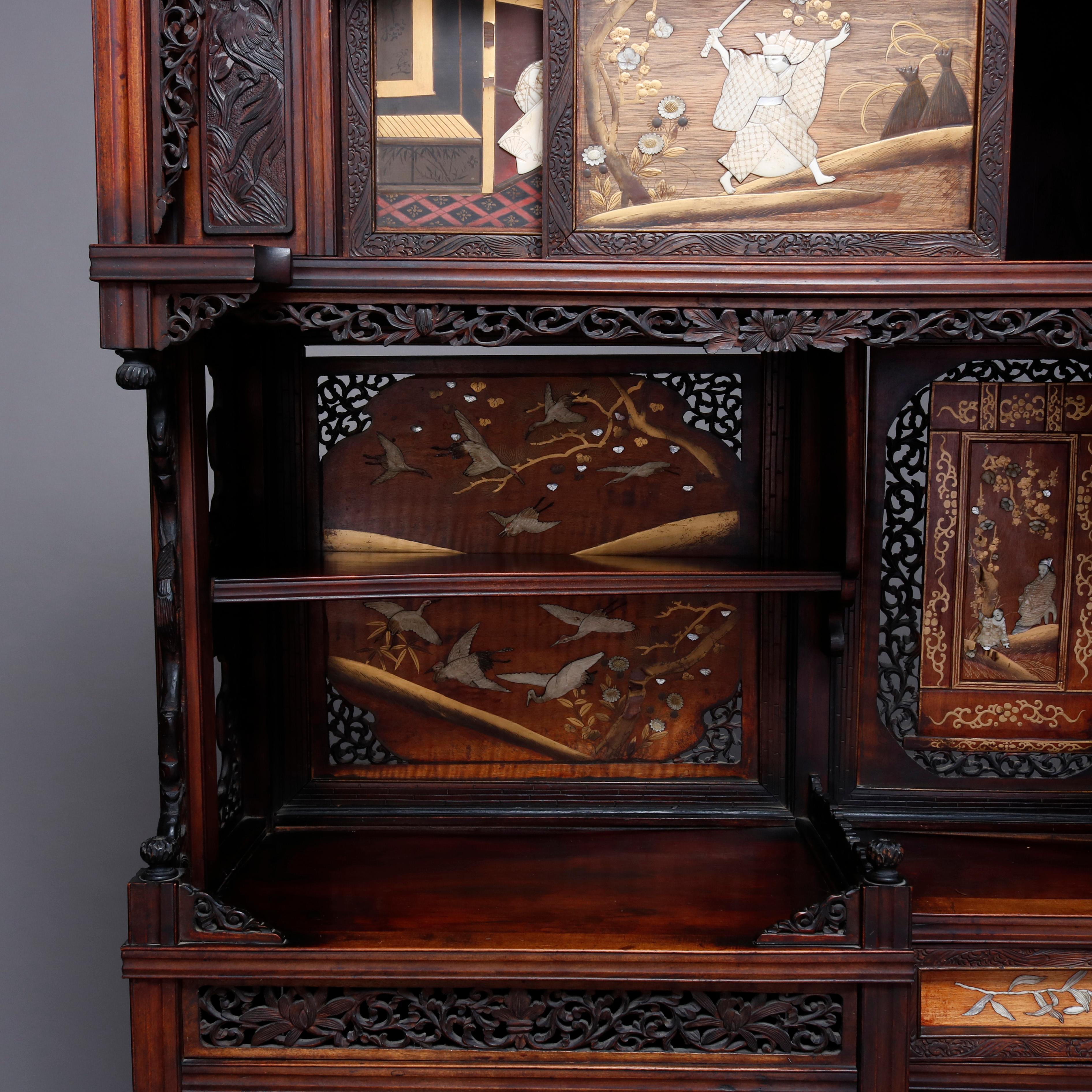 Antique Japanese Figural Carved Mixed Wood & Hardstone Inlaid Cabinet circa 1900 4