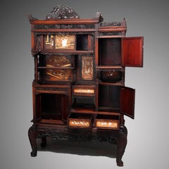 Antique Japanese Figural Carved Mixed Wood & Hardstone Inlaid Cabinet circa 1900