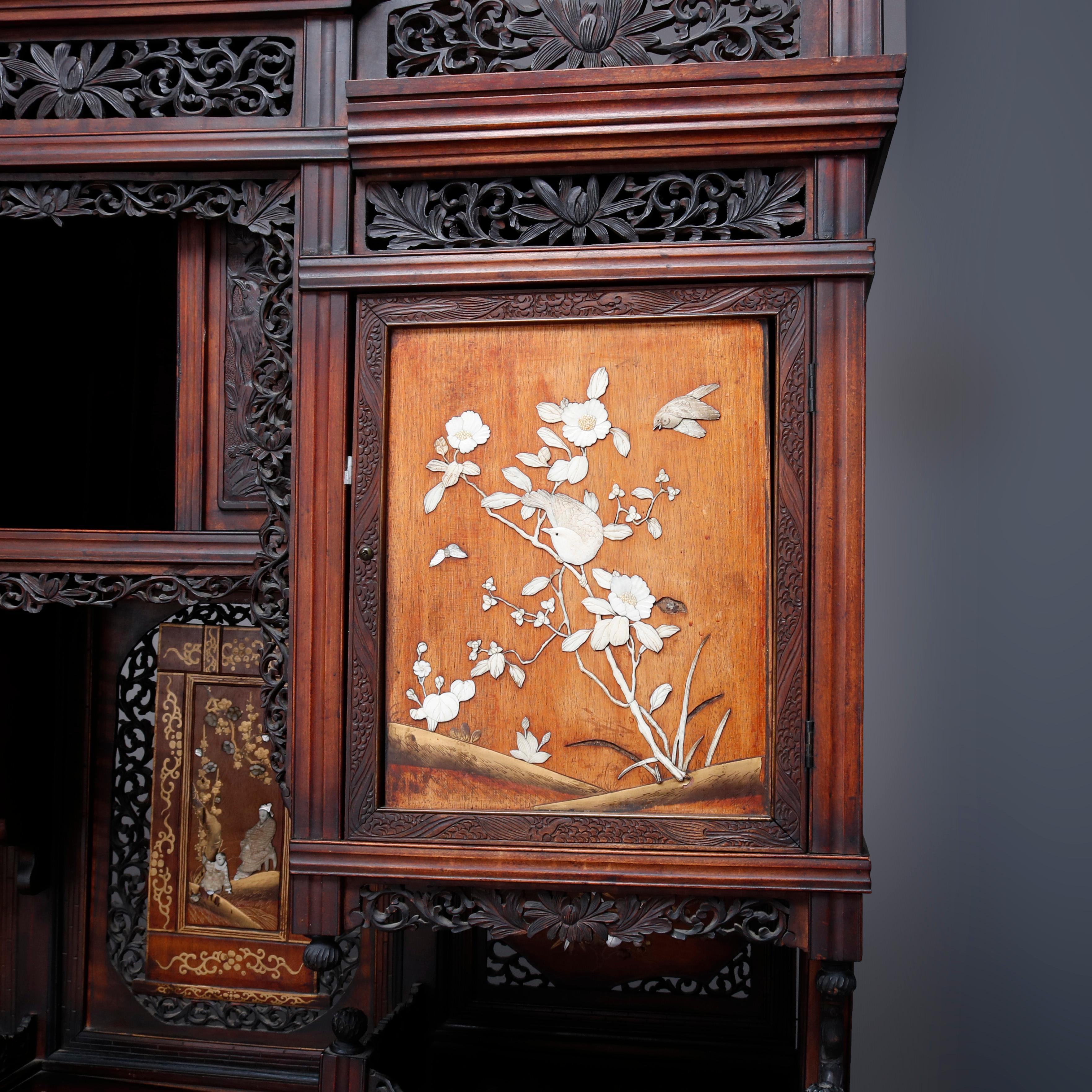 Antique Japanese Figural Carved Mixed Wood & Hardstone Inlaid Cabinet circa 1900 In Good Condition In Big Flats, NY