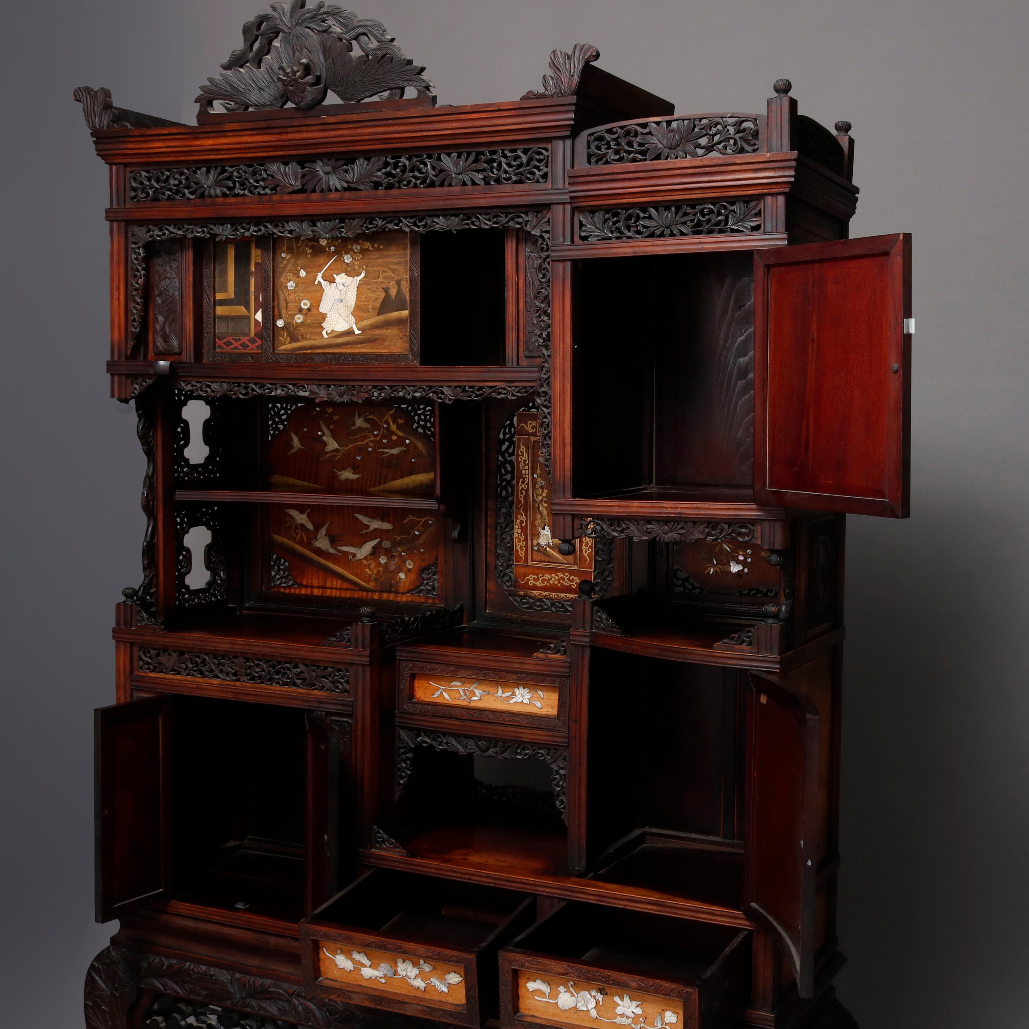 20th Century Antique Japanese Figural Carved Mixed Wood & Hardstone Inlaid Cabinet circa 1900