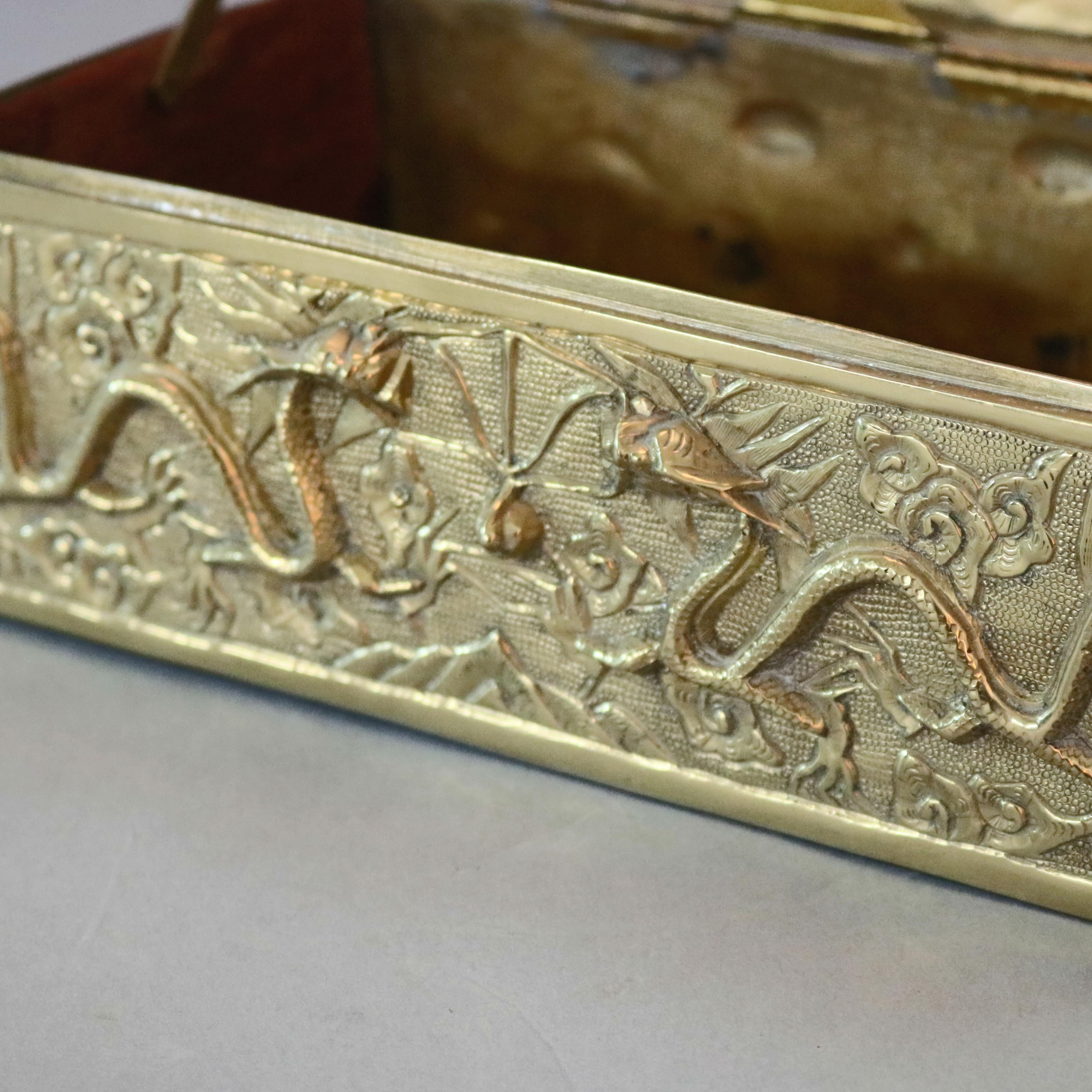 Antique Japanese Figural Cast Bronze Relief Oni and Serpent Document Box In Good Condition In Big Flats, NY
