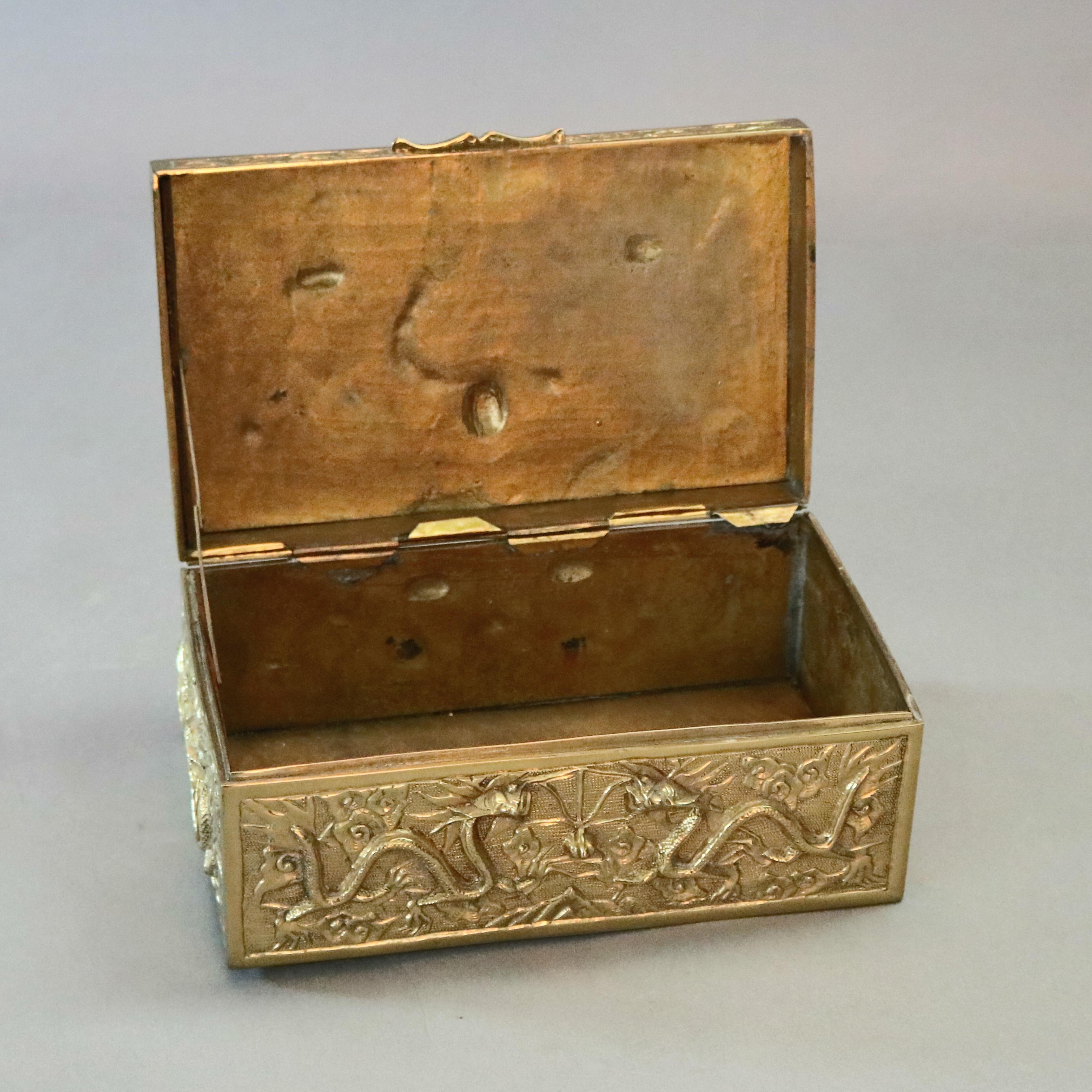 Antique Japanese Figural Cast Bronze Relief Oni and Serpent Document Box 1