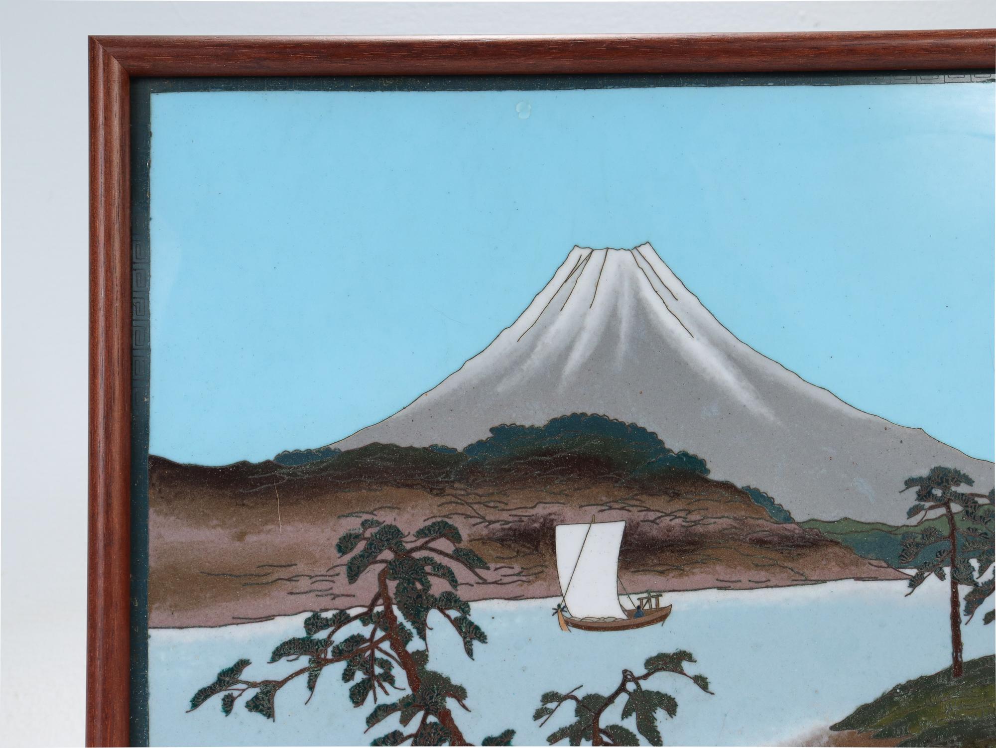 Meiji Antique Japanese Flat Panel or Plaque Cloisonne Enamel Landscape of Mt Fuji