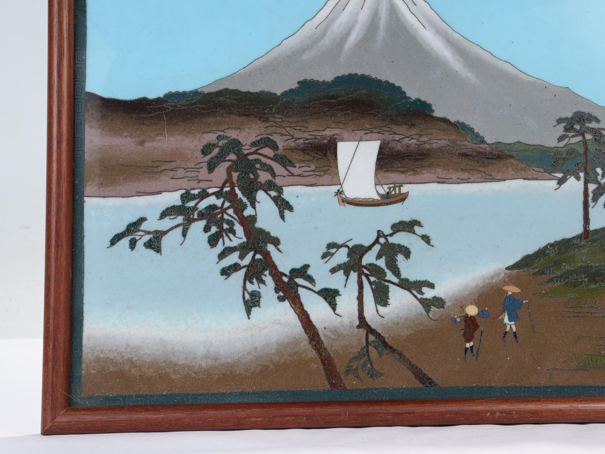 Cloissoné Antique Japanese Flat Panel or Plaque Cloisonne Enamel Landscape of Mt Fuji