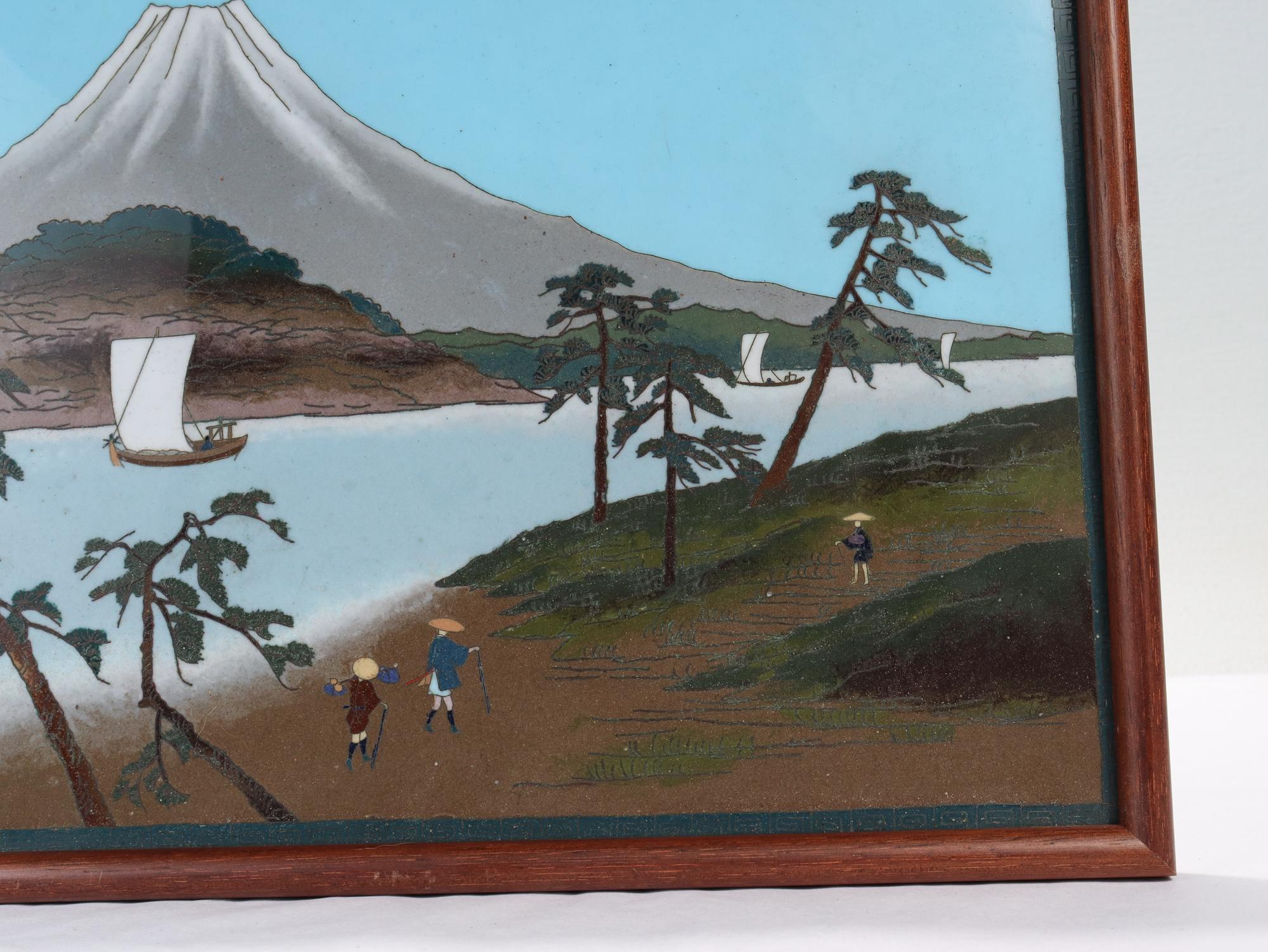 Antique Japanese Flat Panel or Plaque Cloisonne Enamel Landscape of Mt Fuji In Good Condition In Philadelphia, PA