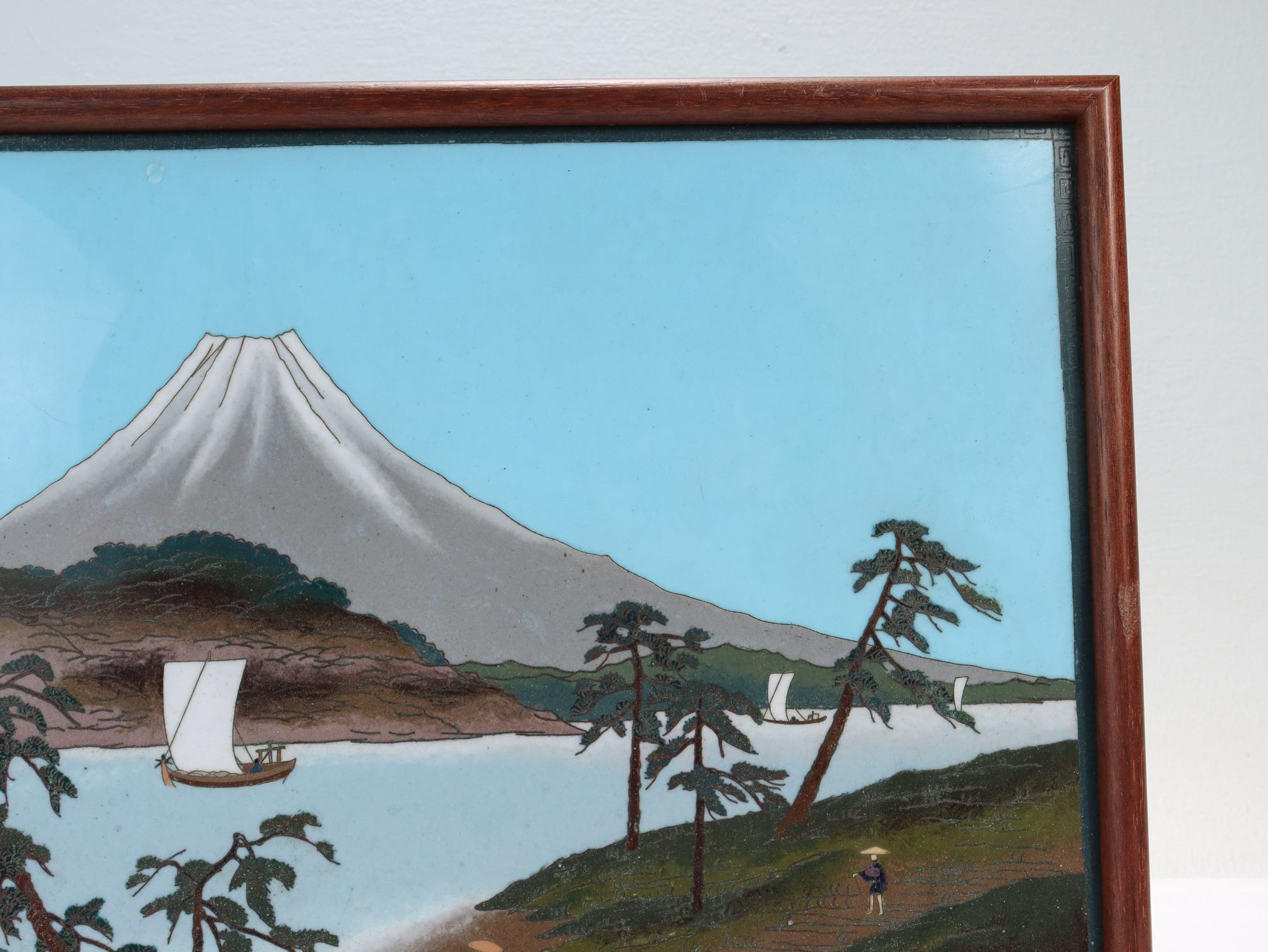 20th Century Antique Japanese Flat Panel or Plaque Cloisonne Enamel Landscape of Mt Fuji