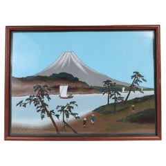 Panneau plat ou plaque japonais ancien en émail cloisonné représentant un paysage du mont Fuji