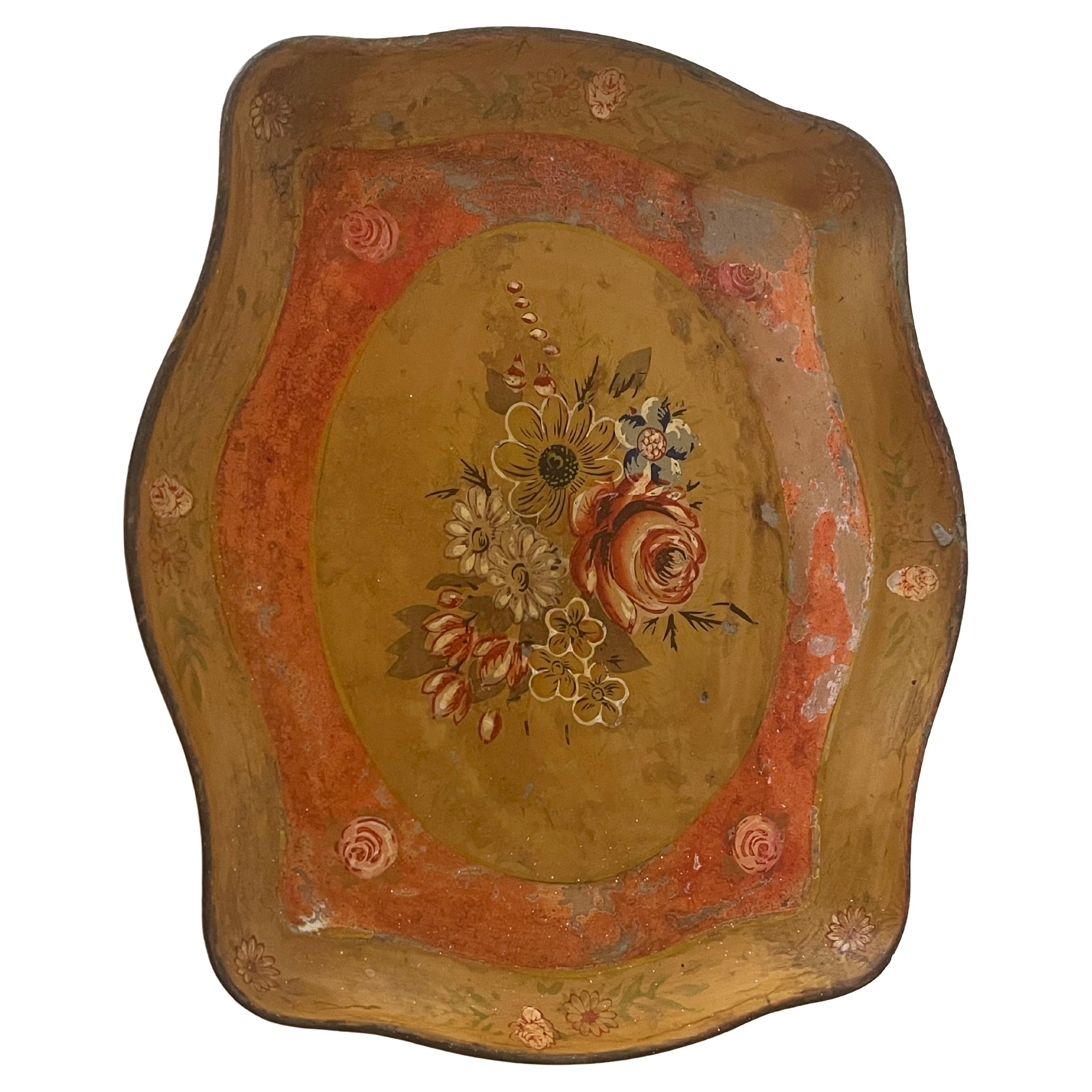 Antique Japanese Floral Wooden Tray