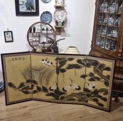 Antique Japanese Folding Chamber Screen /Paravent Early 20th century Japan Crane
