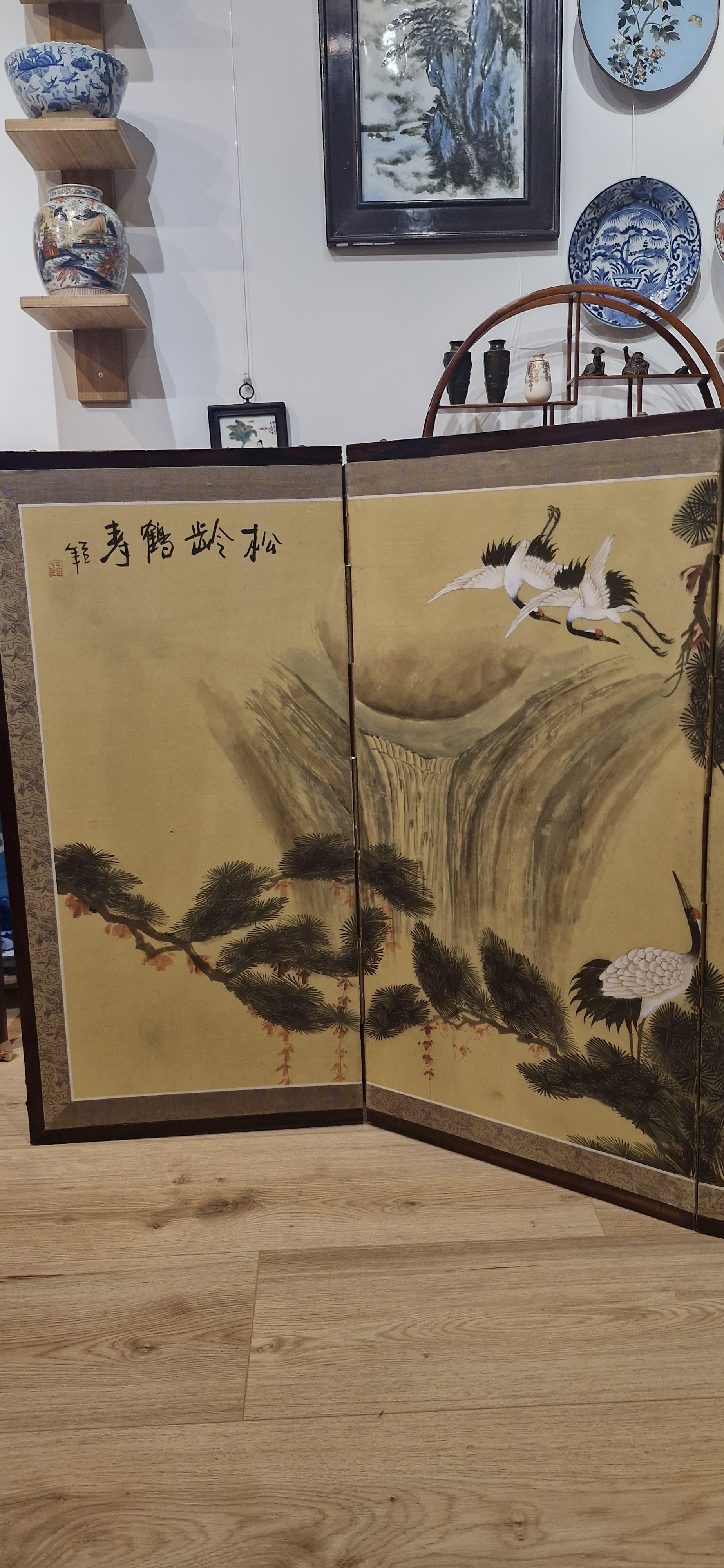 Meiji Antique Japanese Folding Chamber Screen /Paravent Early 20th century Japan Crane For Sale